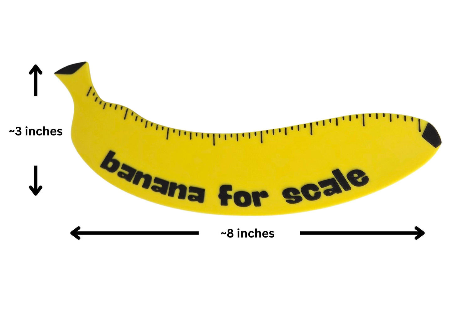 Yellow banana-shaped ruler with measurements on a white background
